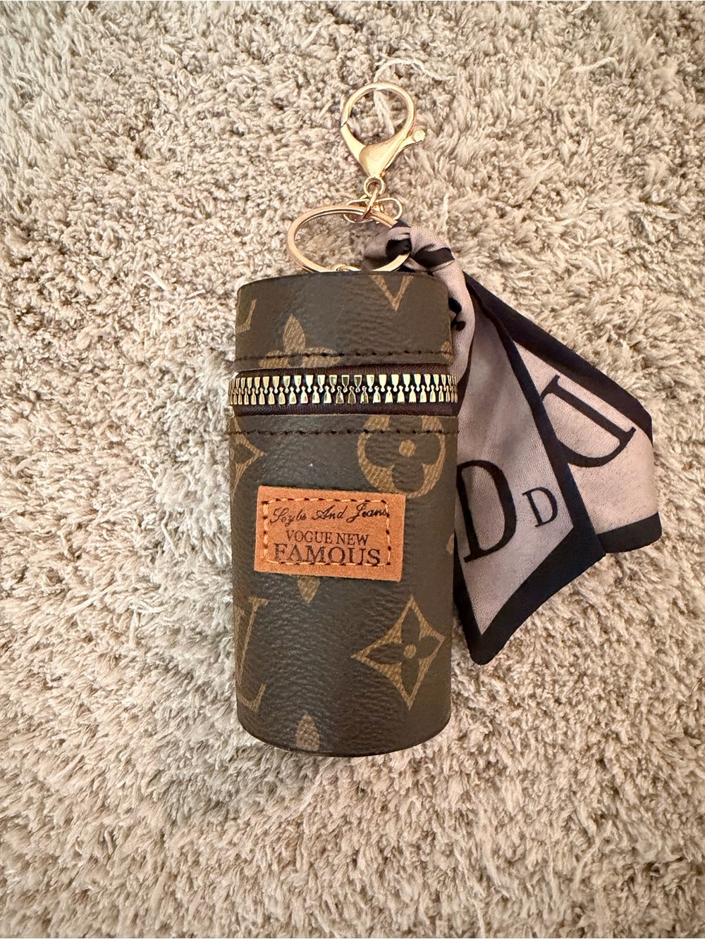 Monogram Cylinder Keychain Pouch with Scarf Accent - Brown